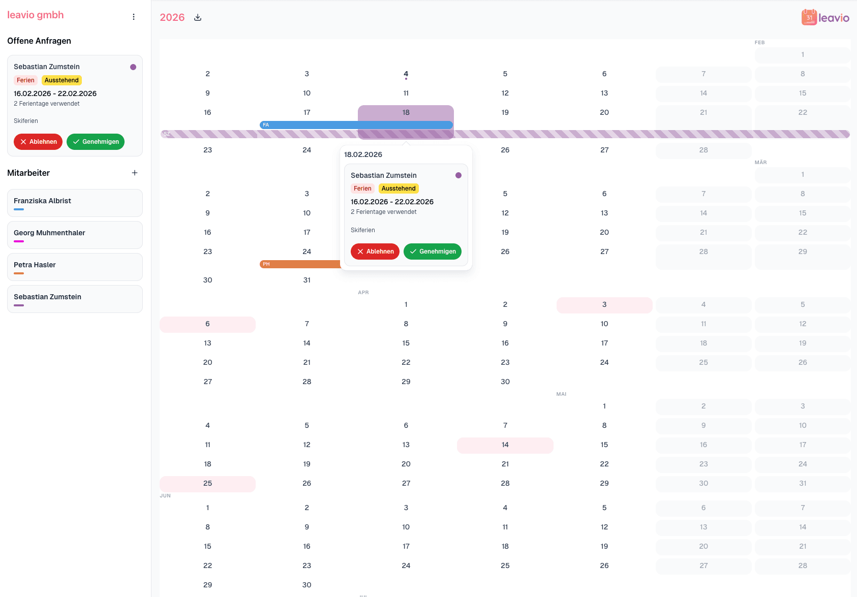 leavio Ferienplaner – Kalenderansicht für Ferienverwaltung und Abwesenheitsplanung